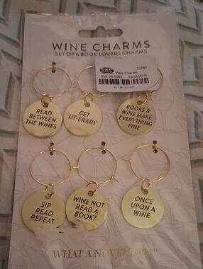 New! Wine Charms Set of 6 - Gold Book Lover Wine Markers